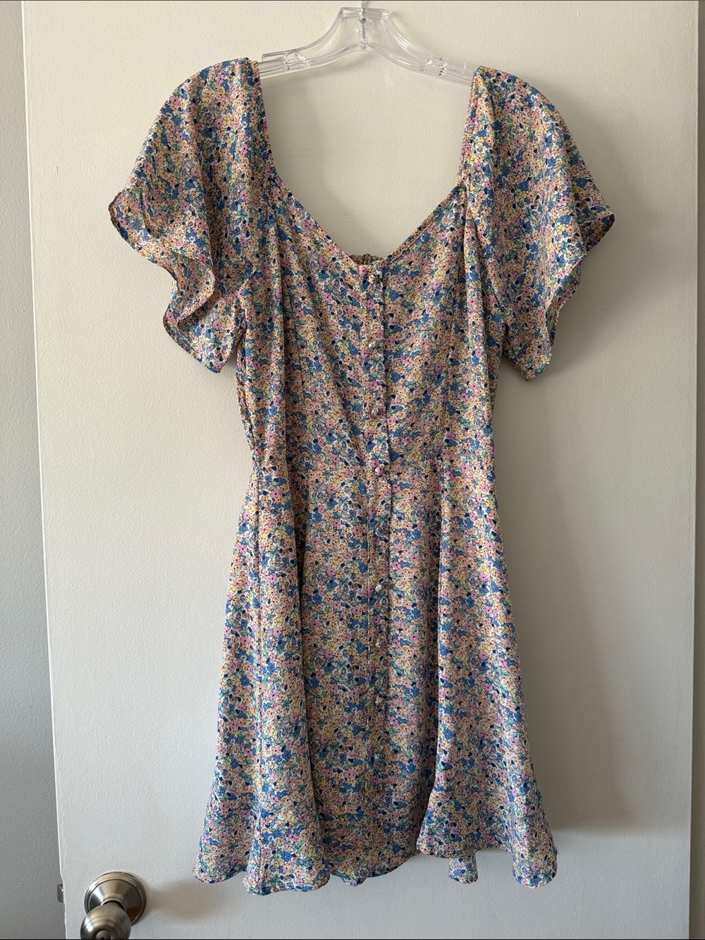 Cottagecore Floral SiennaSky Smocked Mini Dress Pastel Ditsy Flutter Sleeve S